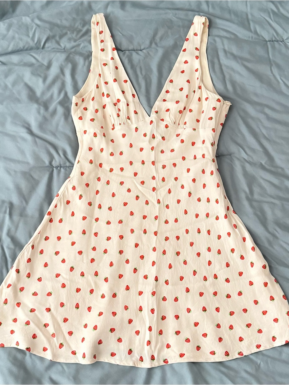 White Strawberry Print V-Neck A-Line Dress